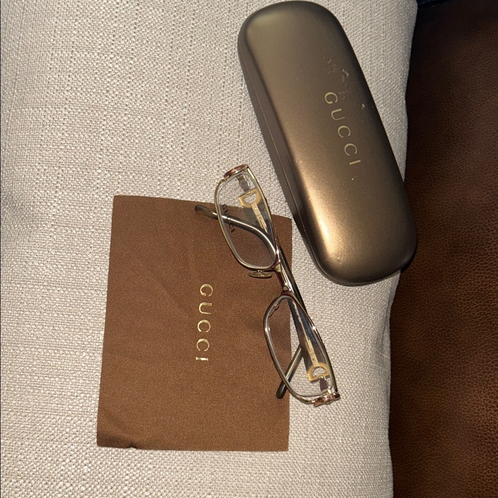 Gucci Gold and Brown Eyeglasses with Case